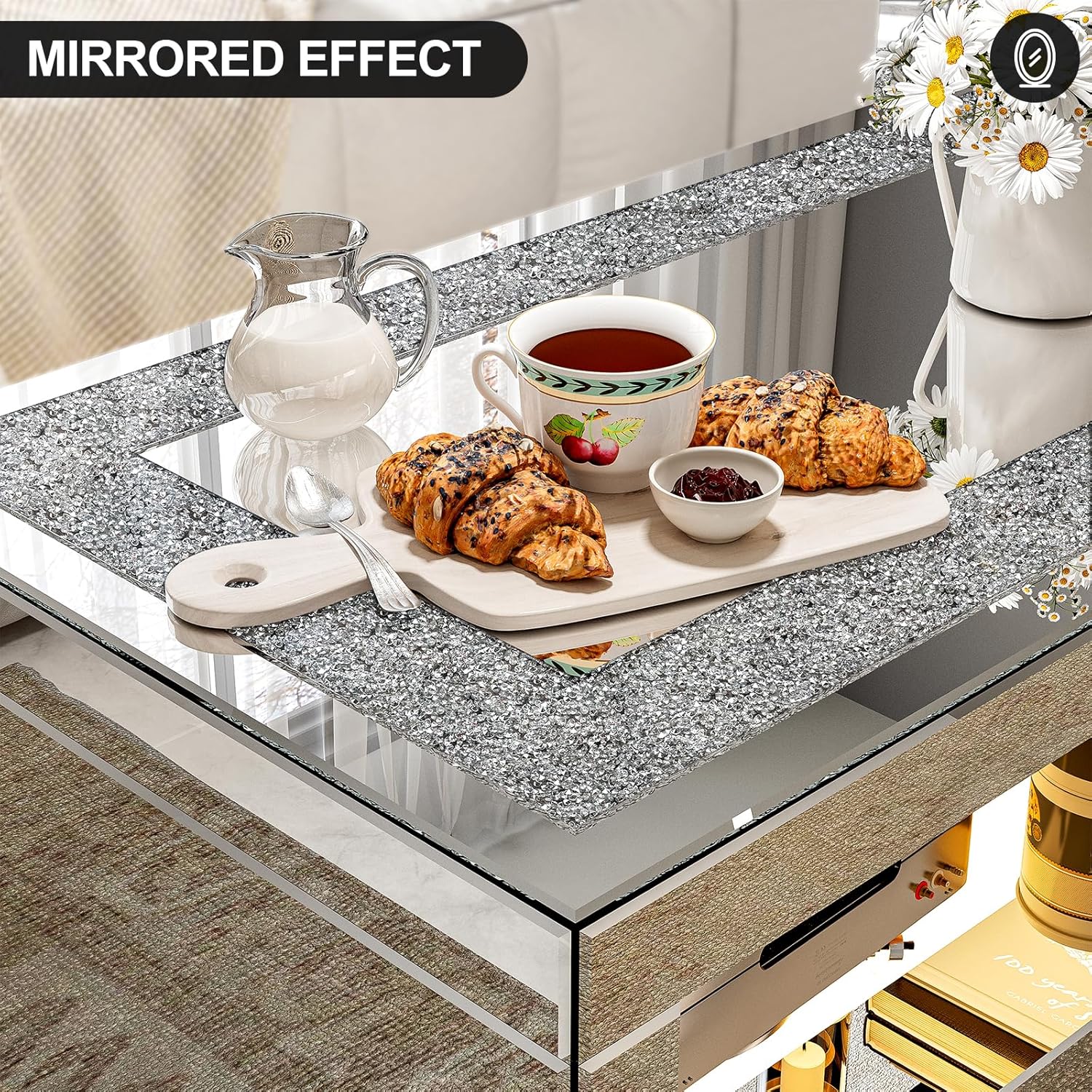 IKIFLY Mirrored Coffee Table with Mirror Crystal Board, Glass Rectangle End Table Coffee Tea Table with 2 Tier for Living Room Bedroom