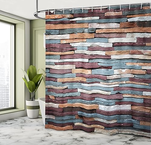 Miniatura 4 de Ambesonne Cortina de ducha urbana, superficie de piedra de color, textura de fondo, estilo retro, imagen de pared de ladrillo urbano, juego de