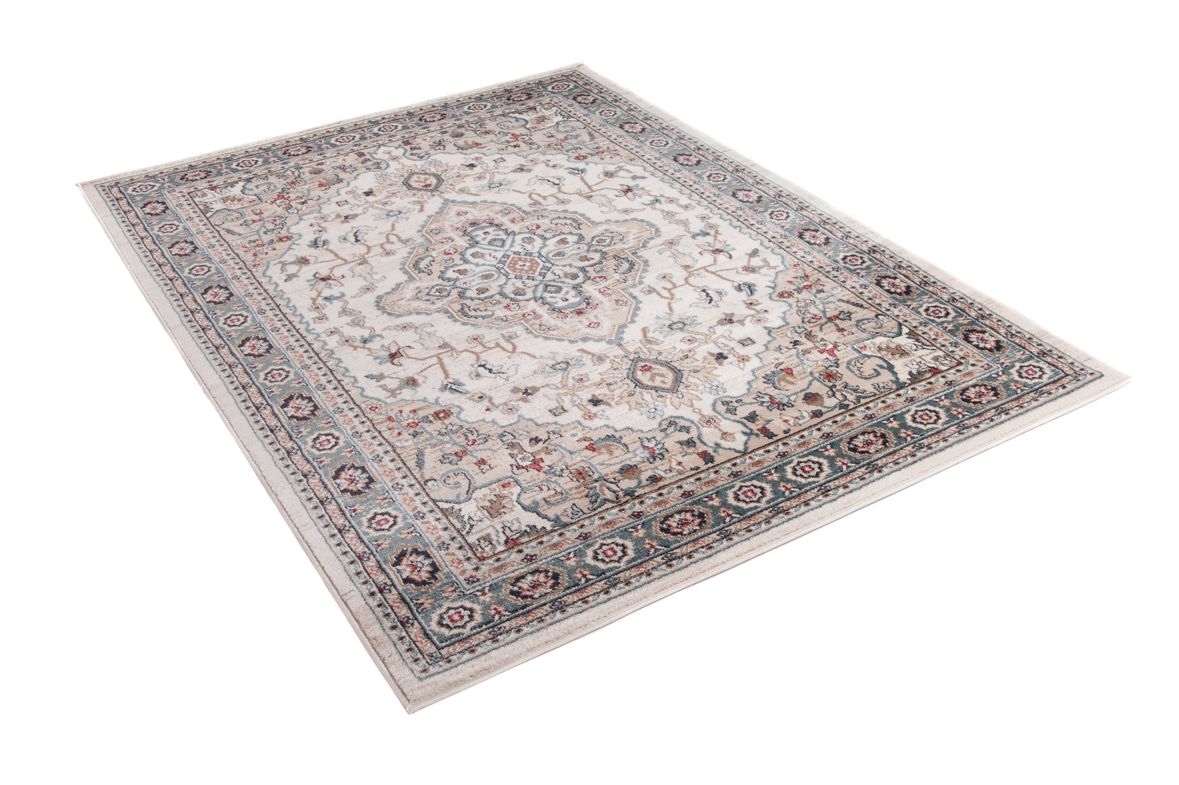 TAPISO Colorado Tapis Poil Ras Design Traditionnel Crème Bleu Beige Motif Floral Ornamental Rosace Bordure Tapis Salon Chambre Bureau Oeko-TEX Résistant 160 x 220 cm