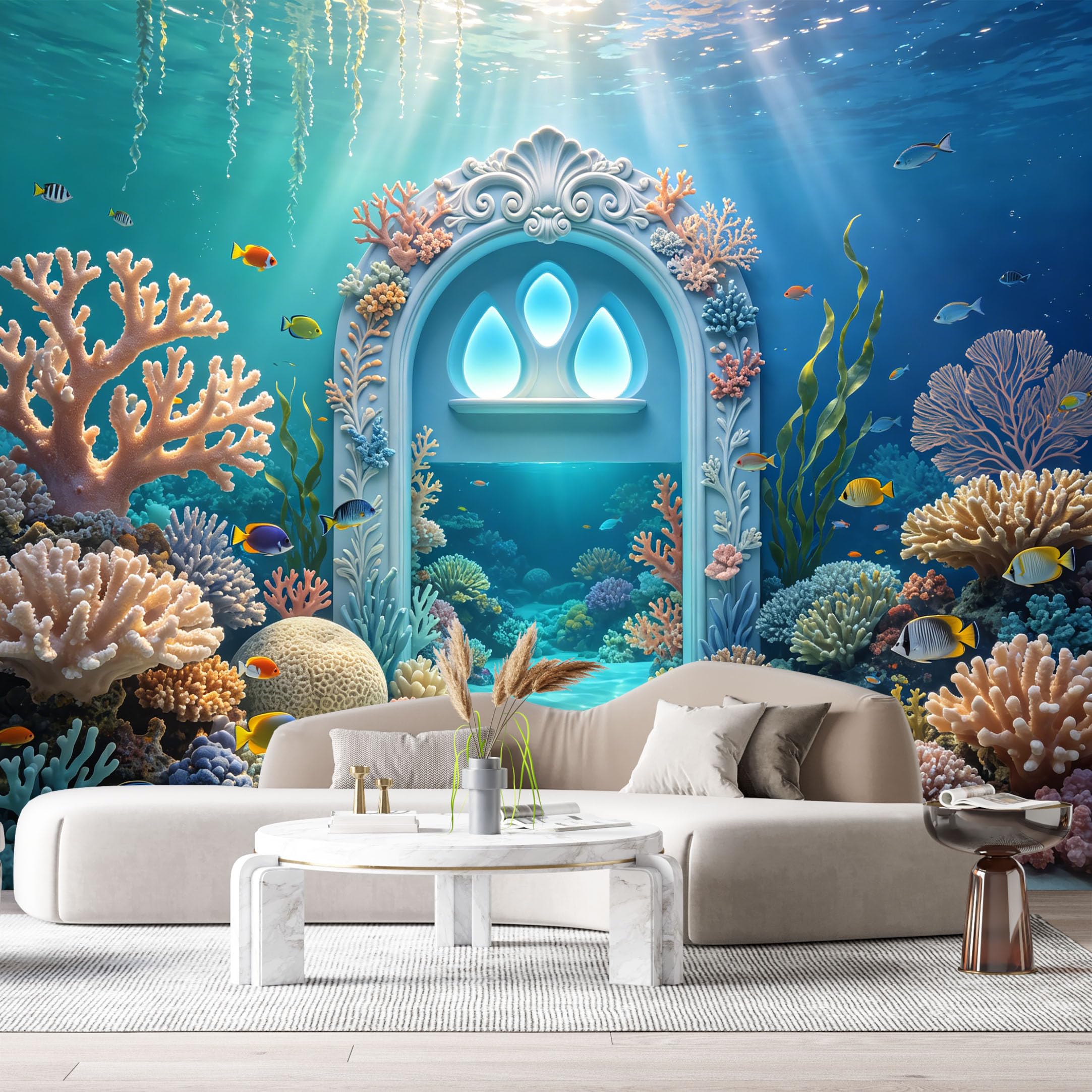 Custom Size Wall Murals Ocean Marine Coral Reef Tropical Fish 3D Trompe L'Oeil SelfAdhesiveWall Fabric Removable Wallpaper Wall Decor for Living Room Bedroom Bathroom