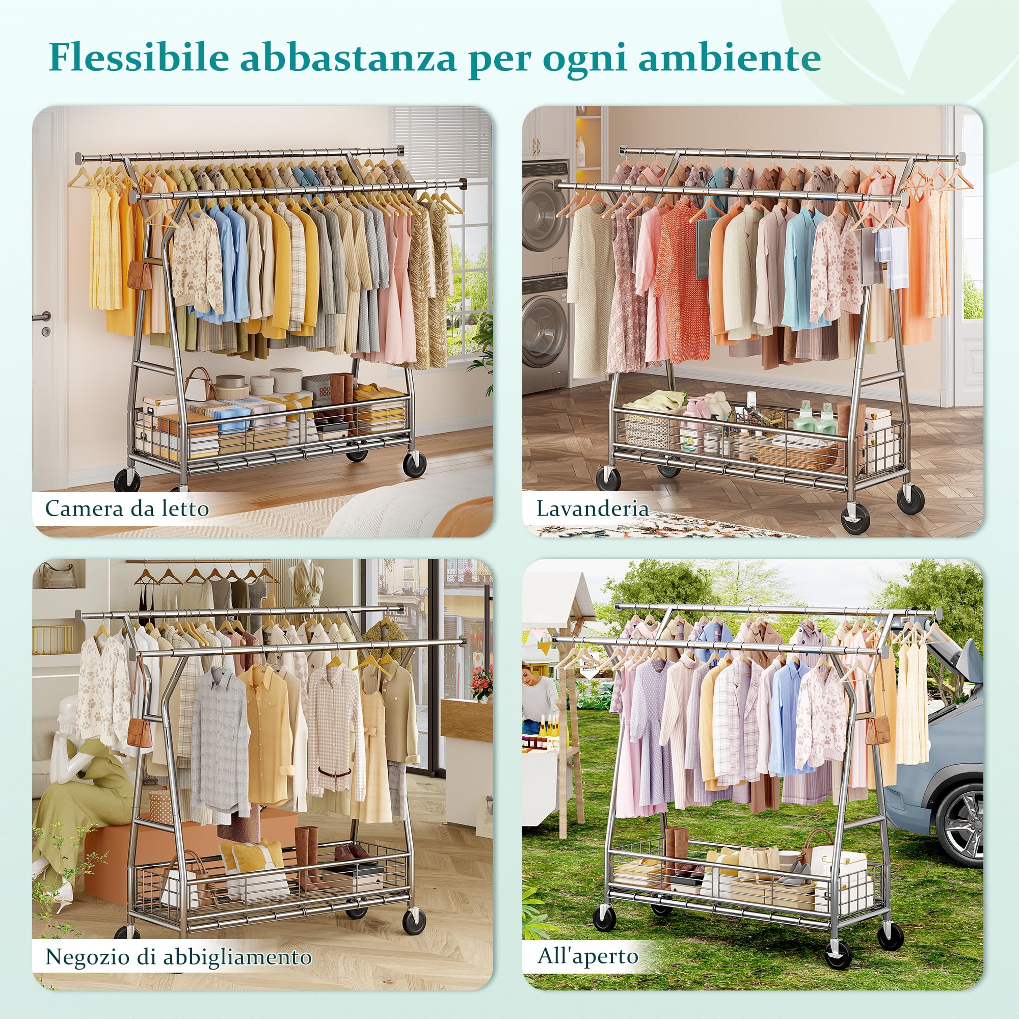 Stand Appendiabiti con Ruote e Cestino, Portata max 200KG, Argento | Doppia barra (alta e bassa) e vassoio rete, appendiabiti estensibile 106–166 cm, per Presentazione, Stoccaggio, Argento