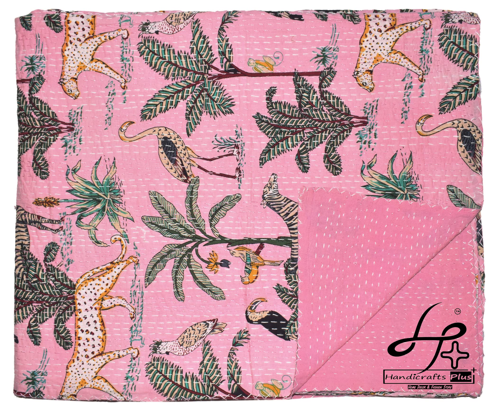Handicrafts Plus New Indian Cotton Gudari Queen Size Kantha Quilt Animal Print Coverlet Beautiful Pink Color Bedcover 90x108''