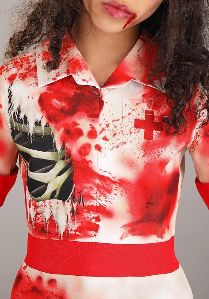 Ensemble Costume Sang Zombie 3 Pièces – Tutu, Bas & Gants Tachés De Sang – Halloween Effrayant Femme – Taille Unique Blanc/Rouge
