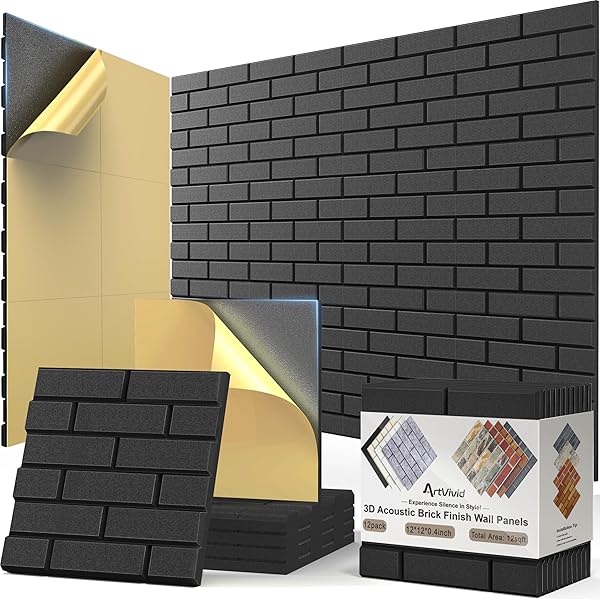 12Pack Acoustic Panels, Self-Adhesive 3D Brick Pattern Sound Proof Panels for Walls, Decorative Sound Dampening Wall Panels for Recording Studios, Offices, Home, 12"×12"×0.4", Black
