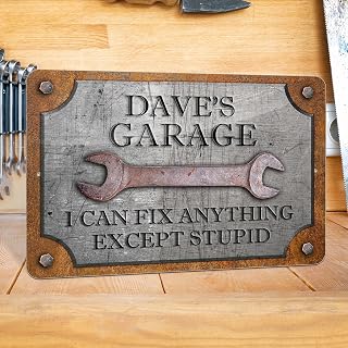 Personalized 'Can't Fix Stupid' Garage Workshop Sign - Rustic Aluminum Metal Wall Art, Weatherproof, Made in USA