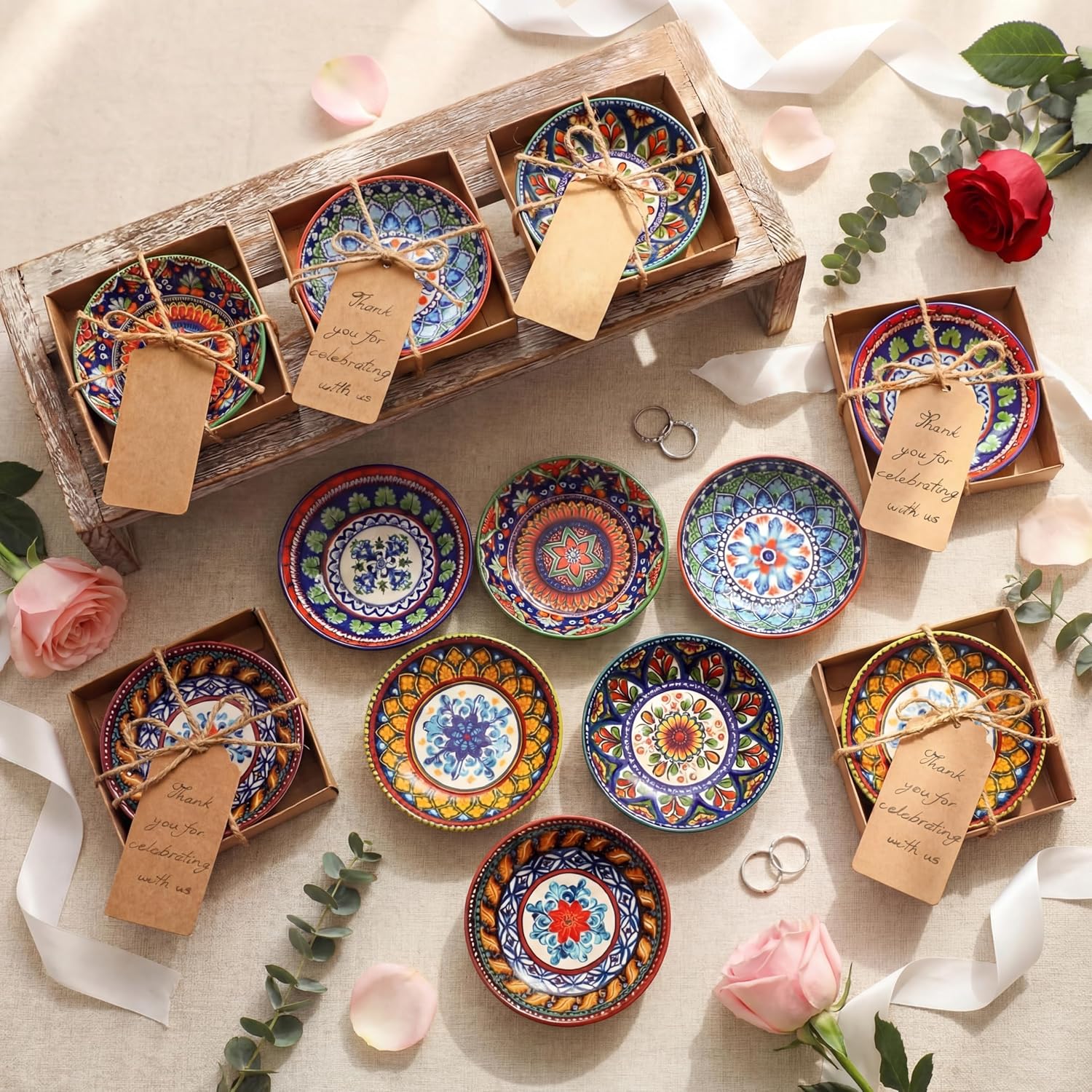 LemonRoad 24 Pcs Wedding Favors for Guests 4 Inch Mexican Small Ceramic Bowl Dipping Bowl Bulk Gift Set with Paper Boxes Charcuterie Pinch Ceramic Bowls Multicolor Turkish Decoration for Return Gift