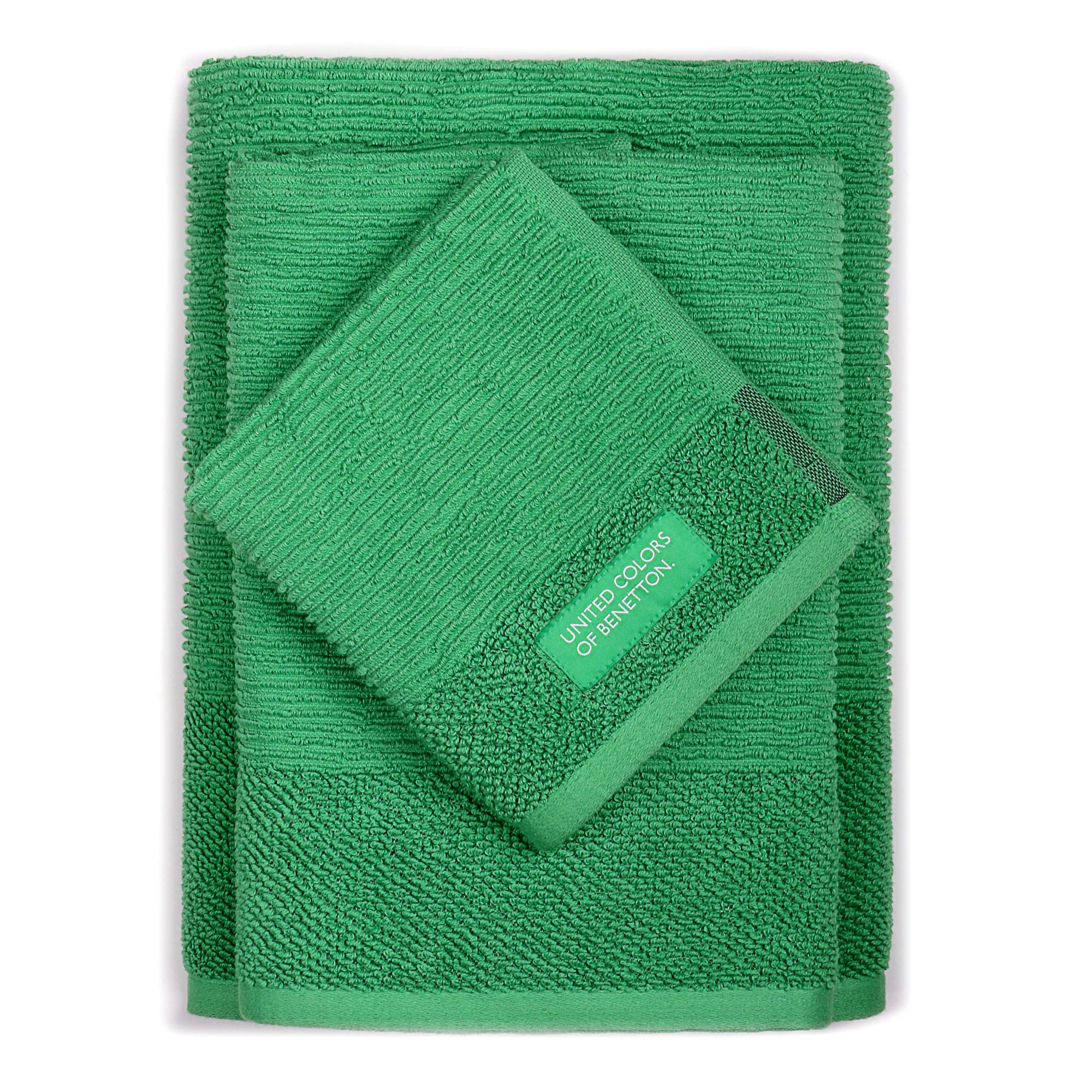 UNITED COLORS OF BENETTON. BE022 Set 3pcs Toallas de baño (30 x 50 + 50 x 90 + 70 x 140 cm) 450 gsm 100% algodón Verde Casa Benetton