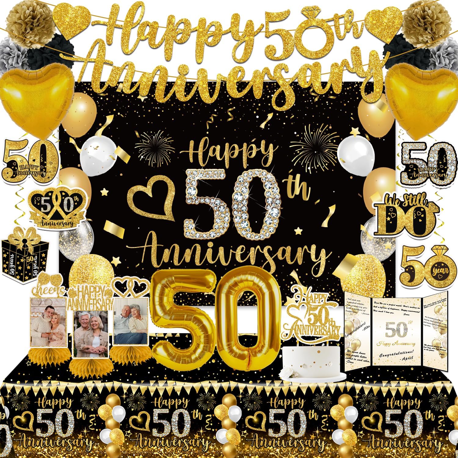 cocomigo 50th Anniversary Decorations, with White Gold Guest Book, Banner, Tablecloth, Backdrop, cake topper, Paper Pompoms for Parents Cheers to 50th Wedding Anniversary Decorations Gifts