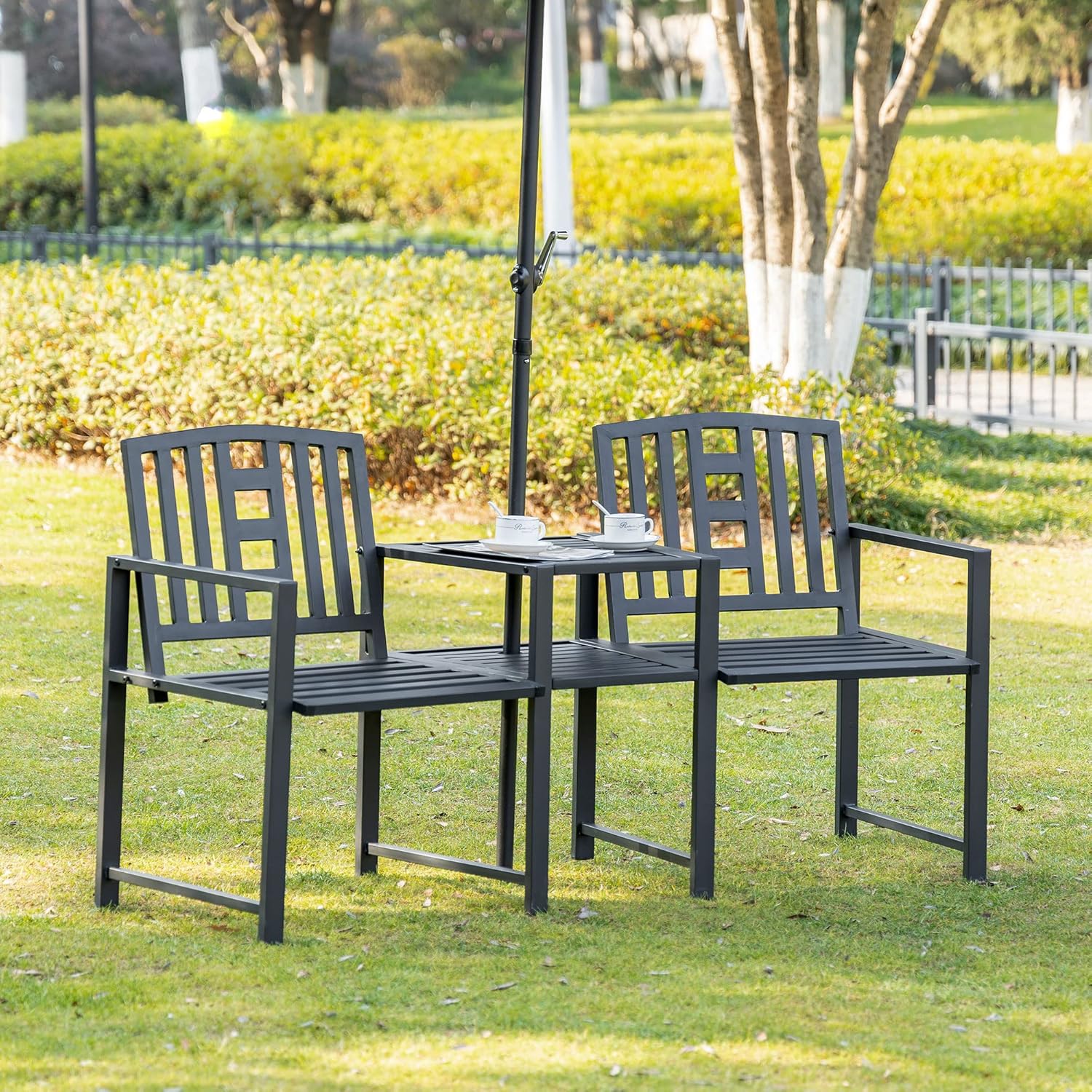 Outsunny Metal Garden Bench with Middle Table and Umbrella Hole, 2-in-1 Double Patio Chairs, Outdoor 2-Person Tete-a-Tete, Slatted, Black