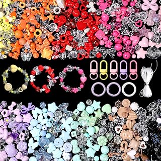 800PCS Assorted Acrylic Beads for Bracelets Keychain Making Kit, Assorted 10 Colors Cute Beads, Flower Bow Candy Bear Kawaii Bracelet Charms with String and Clips Ring Flower Bow Heart Bead Crafts