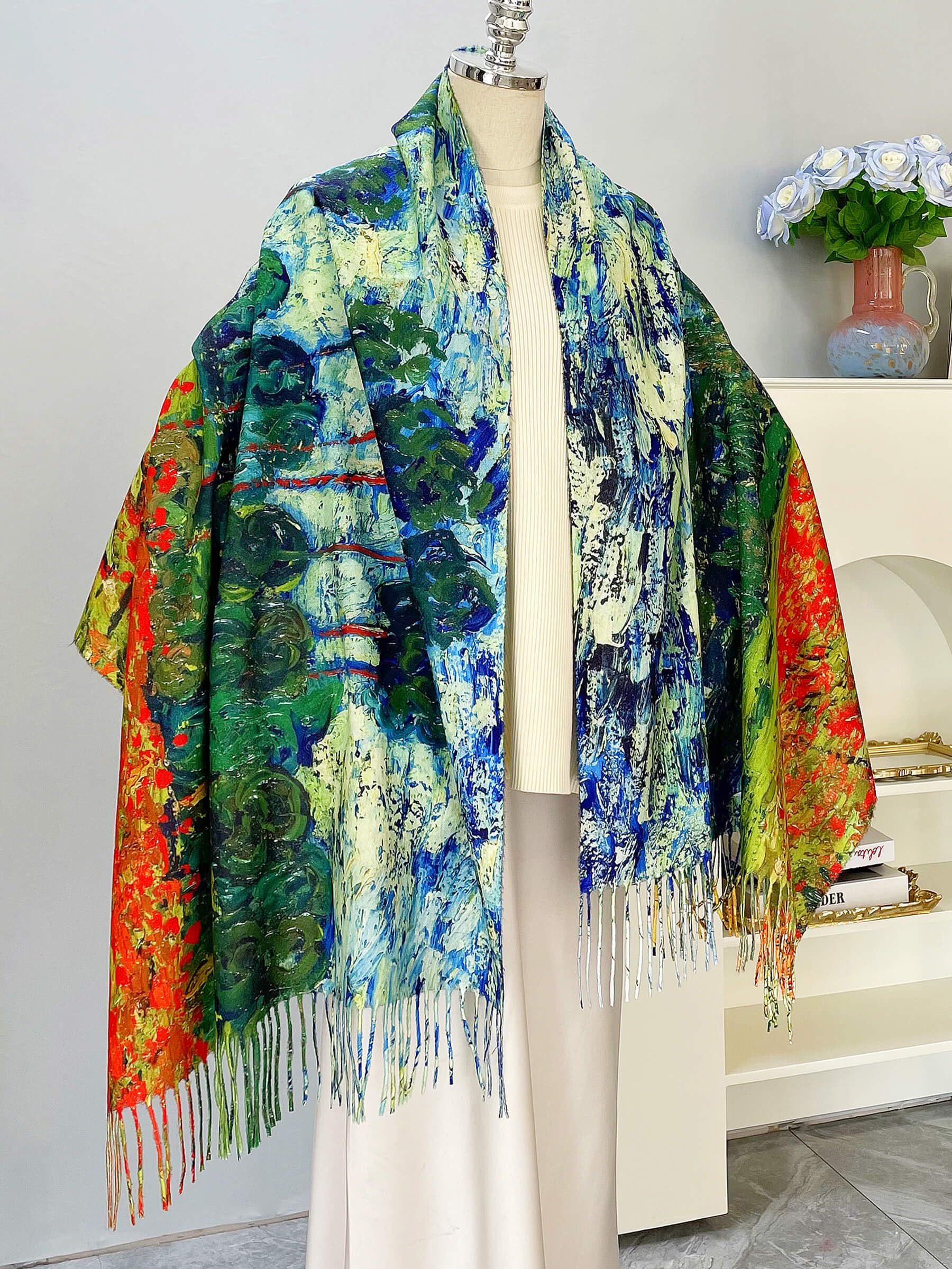 VENVSBEE Reversible Soft Cashmere Feel Scarf Large Shawl Wrap Double-side Art Print Warm Pashmina Klimt Van Gogh Gifts