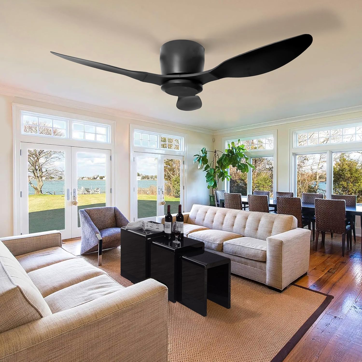 42 Inch Ceiling Fan No Light, Flush Mount Black Ceiling Fan with Remote, 6 Wind Speeds, Reversible DC Motor, Low Profile Ceiling Fans without Lights for Living Room, Bedroom, Patio