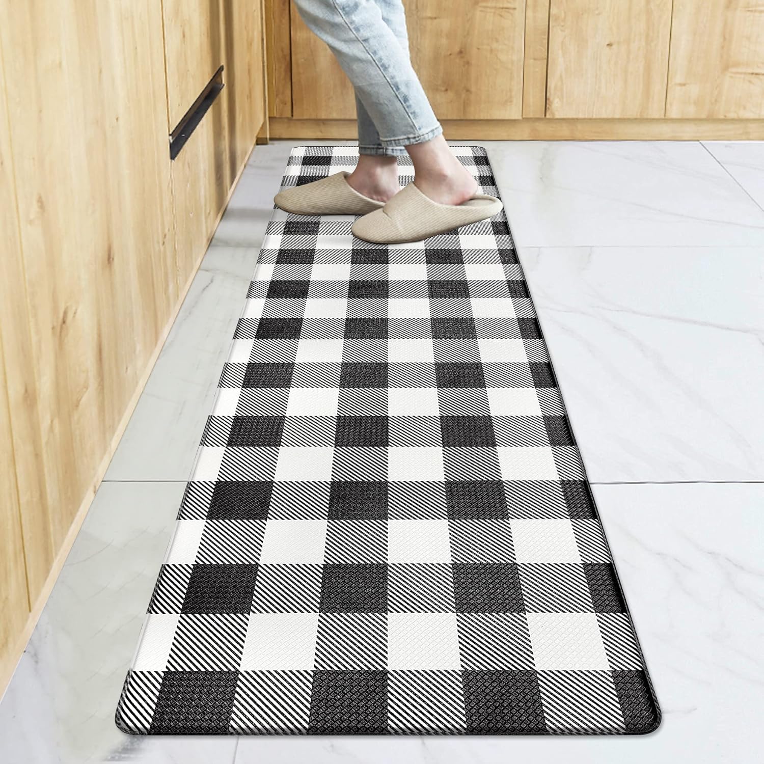 Kitchen Mat Anti Fatigue Mats for Kitchen Floor Runner 17.3''x59'' Black and White Buffalo Plaid Kitchen Rug Waterproof Kitchen Mat Cushion Comfort Mat for Standing Kitchen Sink Office Desk Laundry