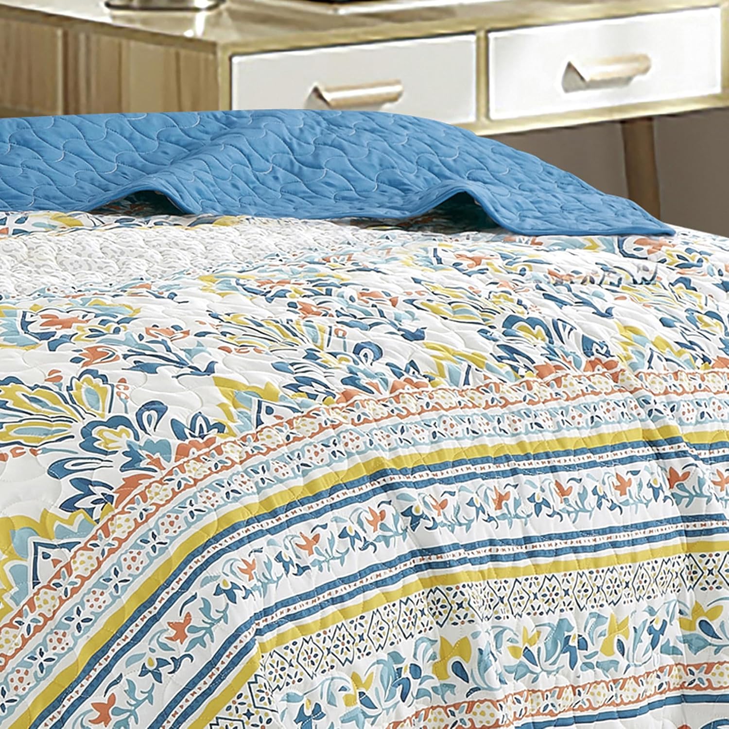ESCA Blue Boho Floral Bedspread Set King Size - Medallion Bedding Set