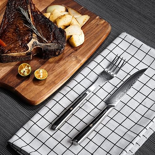 Miniatura 6 de Sunnecko Damasco - Juego de 8 cuchillos para carne de acero inoxidable VG10 con dentadura y dentados, aptos para lavavajillas, juego de cuchillos y