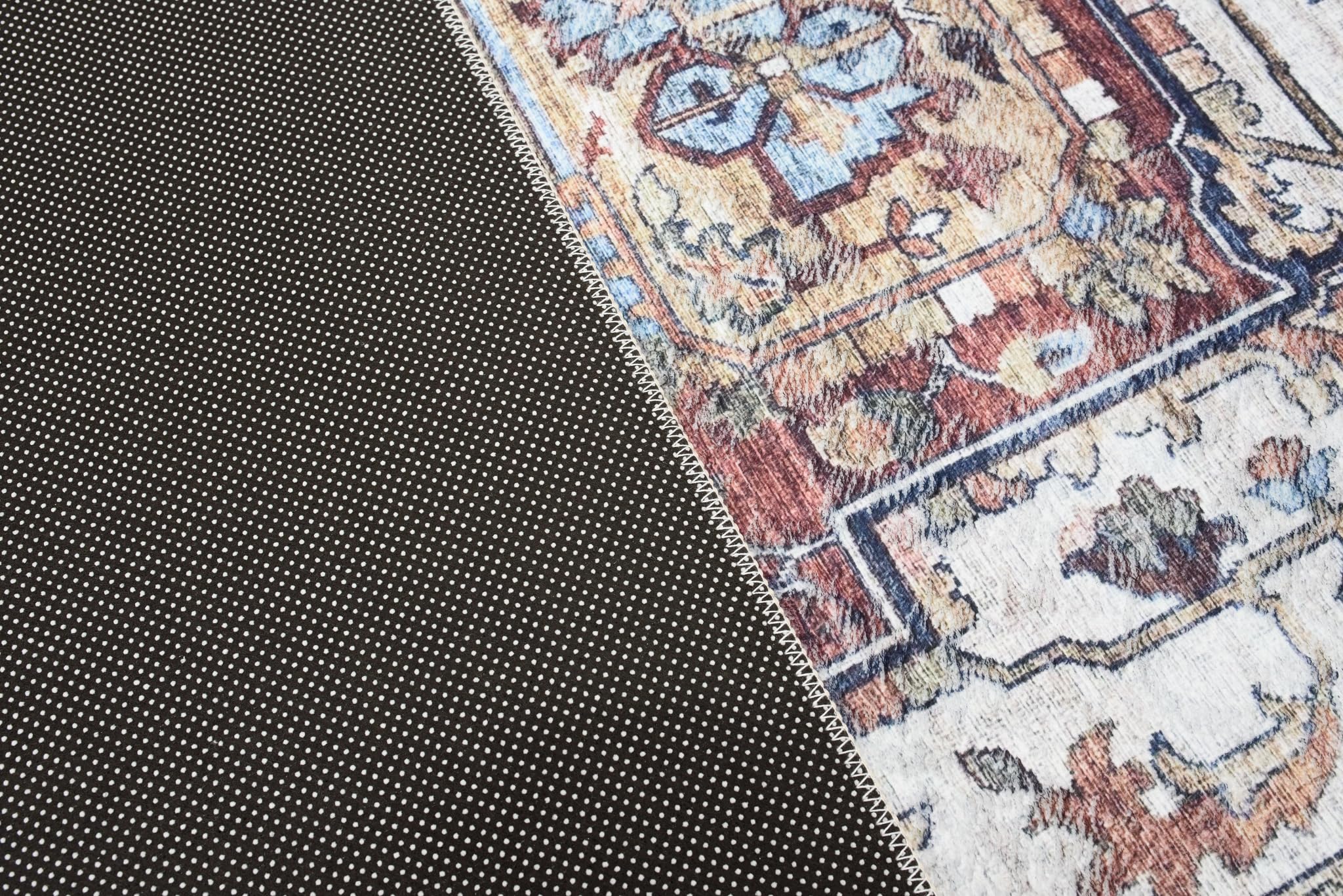 TAPISO Flannel Tapis Poils Ras Antidérapant Lavable Classique Marron Bleu Beige Ornamental Rosace Bordure Tapis Salon Chambre Salle à Manger Oeko-TEX Résistant 140 x 200 cm