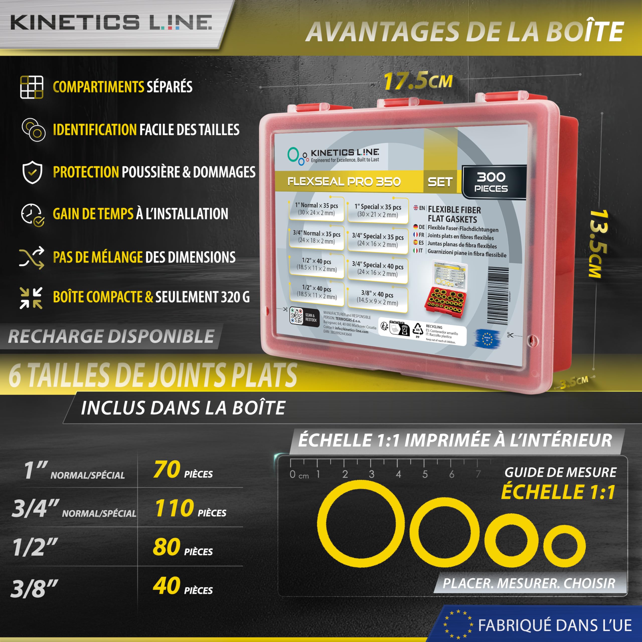 Boîte De Joints Avec 300 Joints Plats Fibre Flexibles Haute Température 3/8–1 Pouce – Assortiment De Joints De Bride Pour Gaz, Eau, Chauffage Et Sanitaire – Jusqu’à 350°C 100 Bar