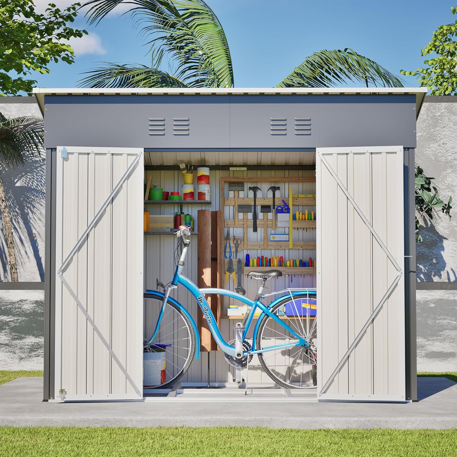 4x8 FT Outdoor Storage Shed,Slope Roof Storage Metal Garden Shed Steel with Reinforced Beams,All Weather Waterproof Garden Tool House W/Lockable Door & 4 Air Vents,for Backyard,Patio,Lawn,Grey