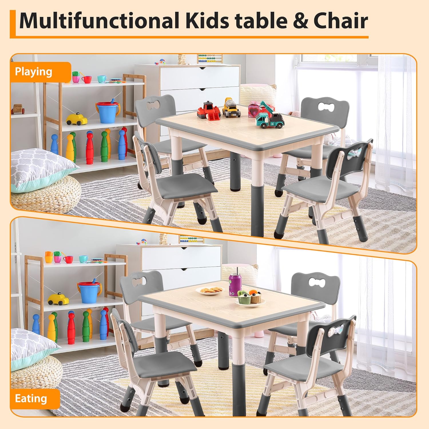 Garvee Kids Table and 4 Chair Set,32 in Height Adjustable Toddler Table and Chairs Set with Non-Slip Desk Legs&Organizer Graffiti Desktop, Preschool Activity Art Craft Tables for 4(Gray)