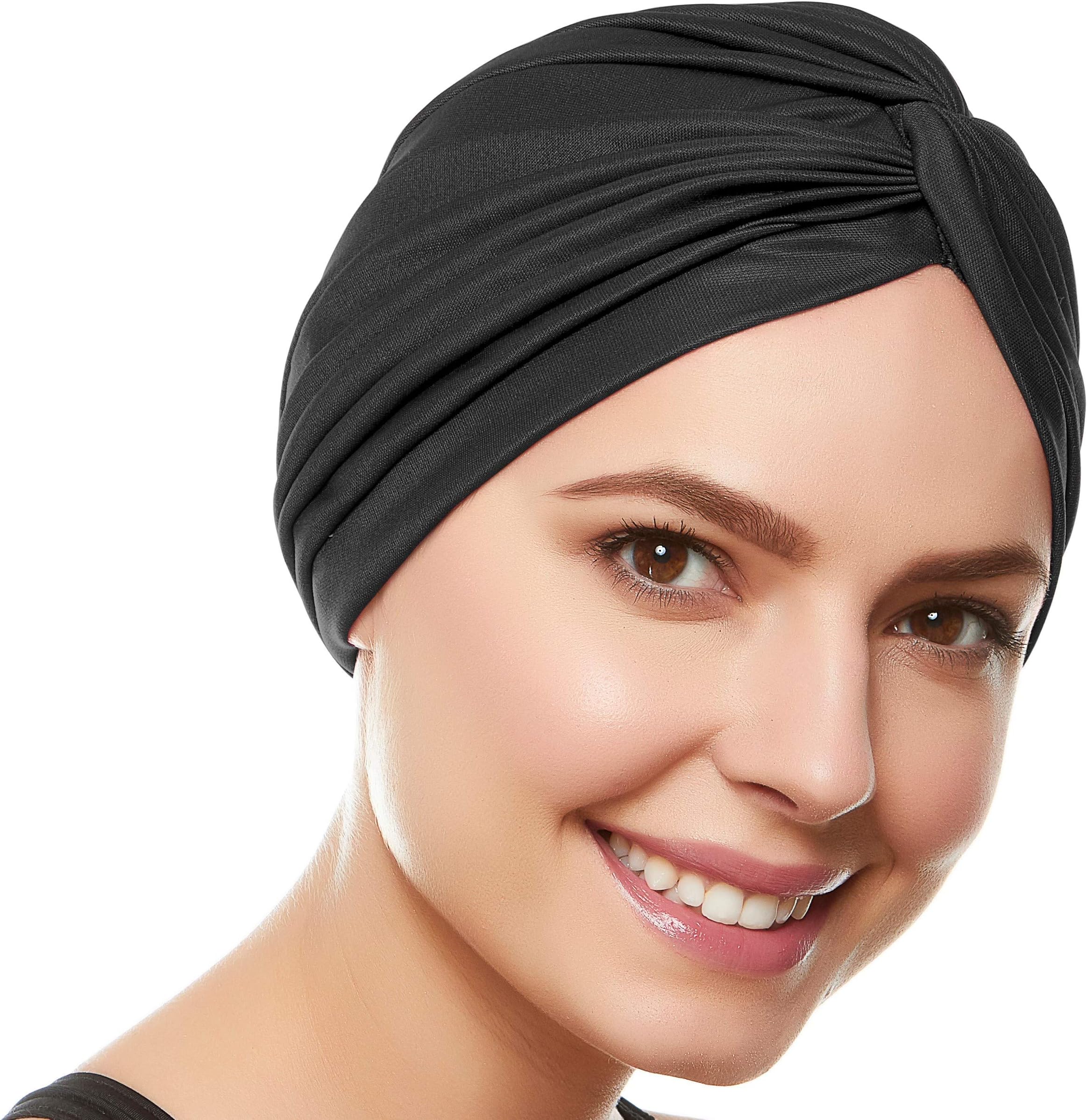 Beemo Women’s Bathing Turban - Pleated Cap - Soft Comfortable Stretch Polyester Head Cover Protects Hair from Sun Versatile Use Swimming Lounging Sleeping and More