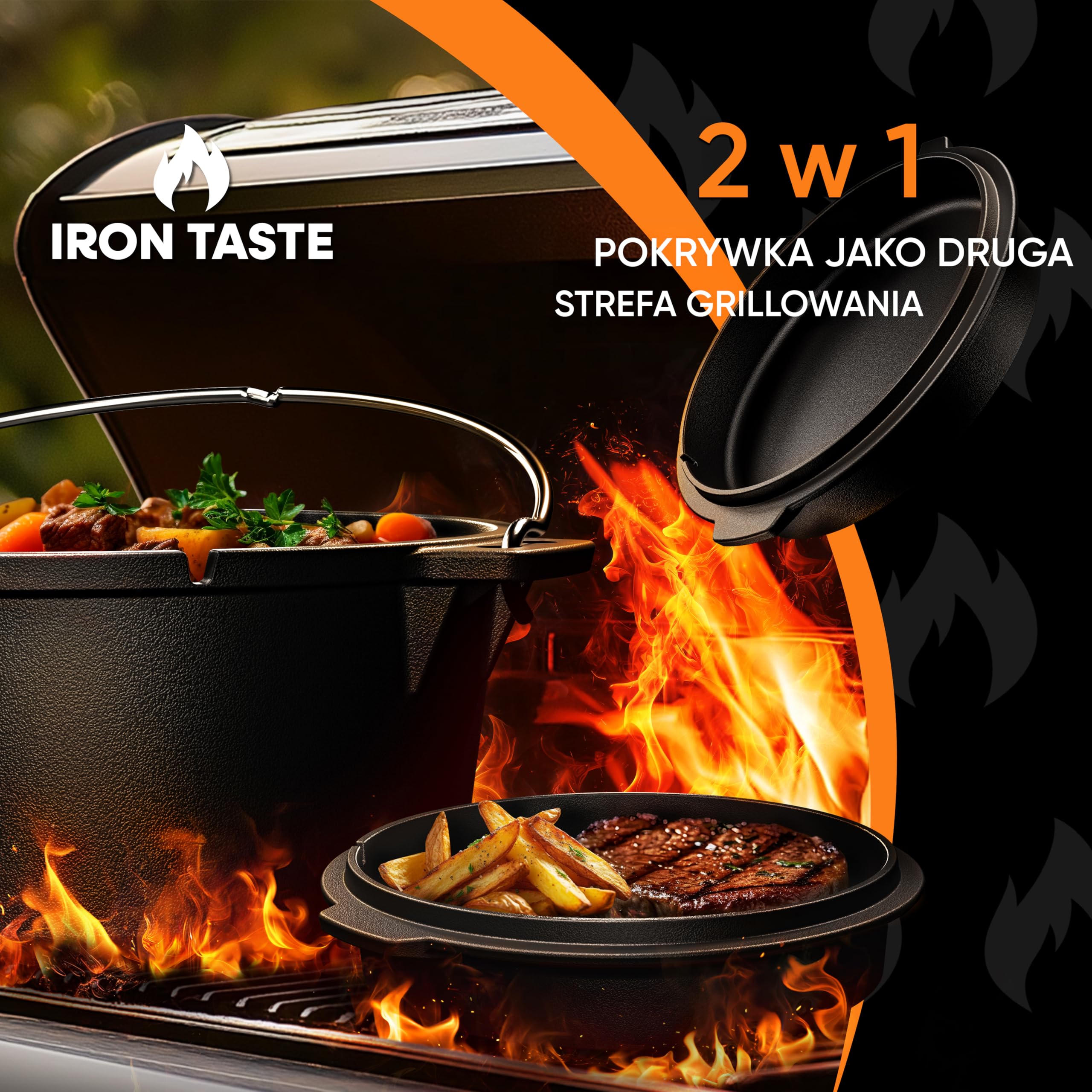 IRON TASTE Dutch Oven Set 9 liter, ingebrande Dutch Oven, 9 liter, gietijzeren pan met voeten en met praktische deksellifter [voor 6-10 personen