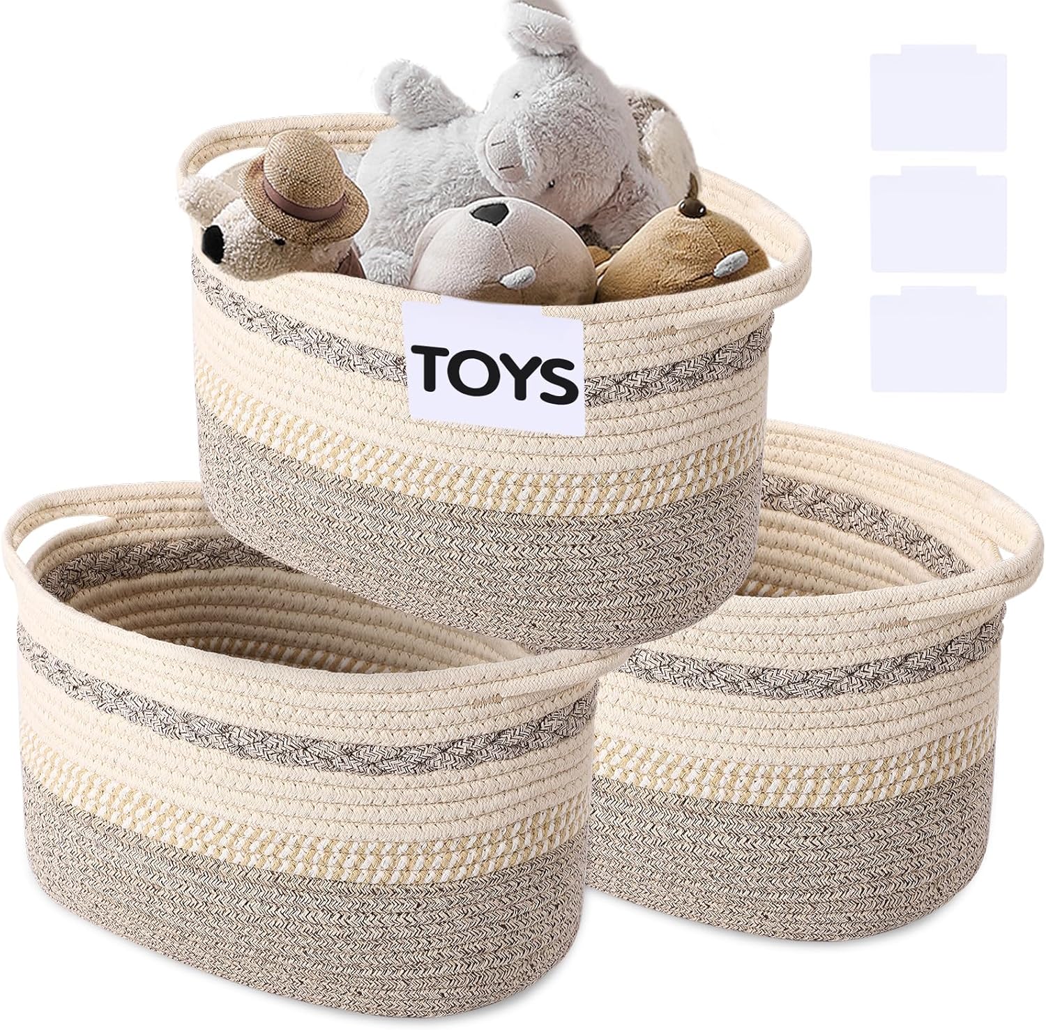 Woven Storage Basket, 3 Pack Brown Rope Basket for Shelves, HandWoven Cotton Rope Basket with Built-in Handles and Labels for Bathroom, Bedroom, Laundry, Pantry, Shelves