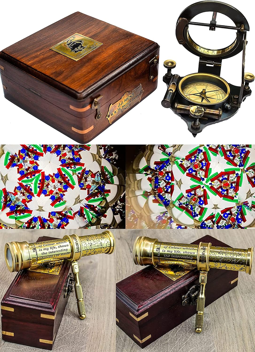 Sailor's Art Brass Heavy Sundial Compass with Wooden Box and Polished Brass Kaleidoscope with Wooden Box