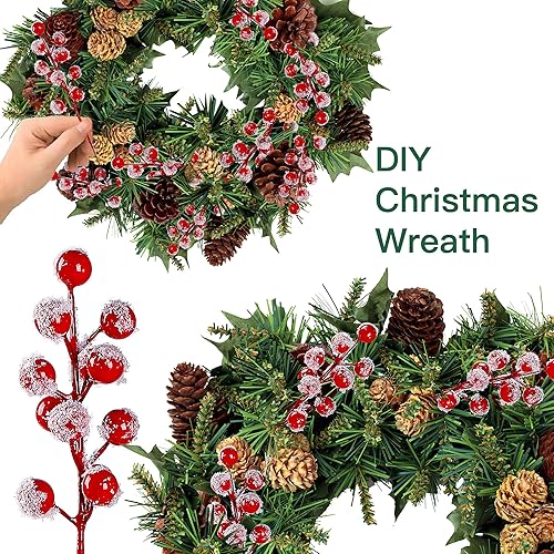 Vista 3 de Sggvecsy - Paquete de 30 tallos artificiales de bayas rojas con escarcha de nieve, 8.9 pulgadas, ramas de bayas de acebo rojas con nieve para Rojo