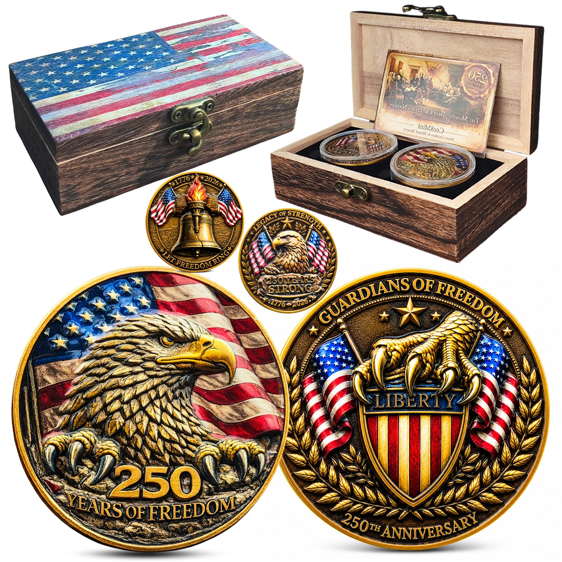 250th Anniversary USA Commemorative Coin Set with Wooden Gift Box, Patriotic Eagle & Liberty Bell Coins, 1776–2026 Freedom Keepsake, Veteran Gift, 250 Anniversary America Merchandise