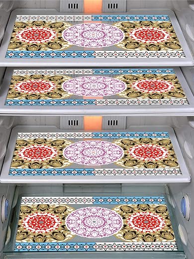 DakshyaIndustries Pack of 4 PVC Printed Fridge Mat/Refrigerator Mat (Multicolour)