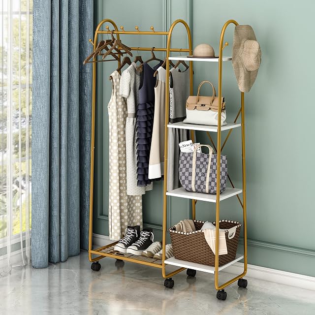 Jehiatek Coat Rack Freestanding, Coat Stand With Portable Wheels, White And Gold Metal Frame Heavy Duty Drying Clothes Hanger Stand With 4 Tiers Side Open Shelves For Bedroom Entryway Hallway