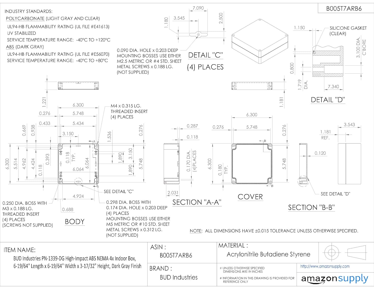 BUD Industries PN-1339-DG ABS NEMA 4X Indoor Box 6.3" L x 6.3" W x 3.54" H, Gray, Opaque Cover