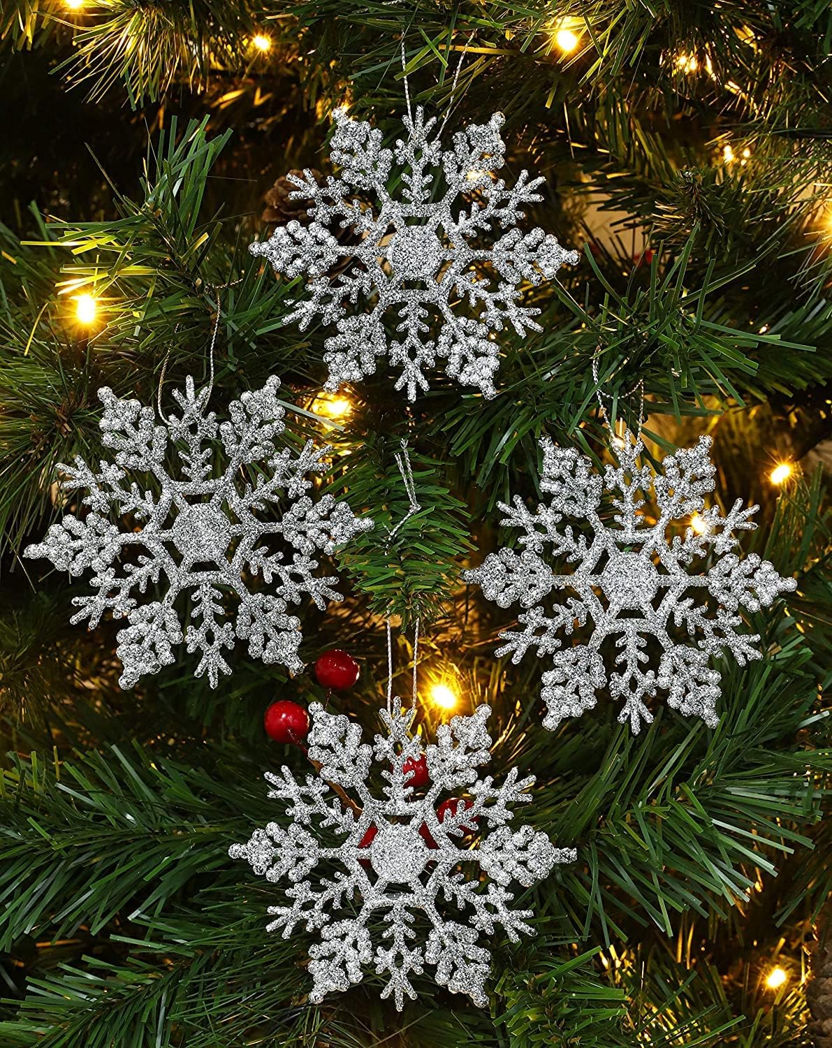 The BZ Company (Pack of 24) Snowflake Hanging Christmas Tree Decorations – Glittery Plastic Ornaments with String - Xmas Christmas Decor Frozen Themed Winter Party (Silver SnowFlakes & Silver Ropes)