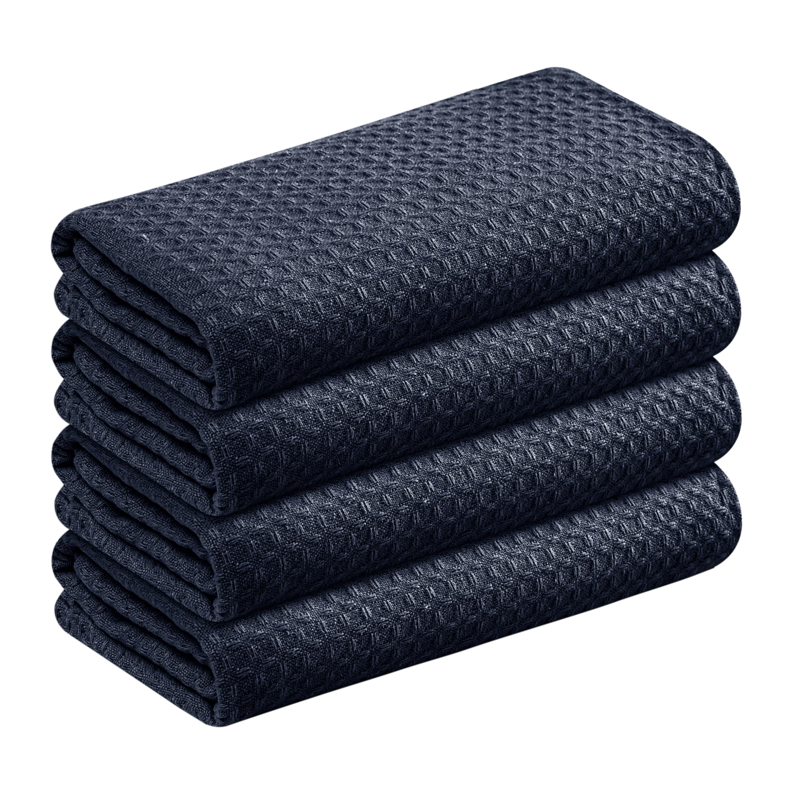 Navy Waffle Kitchen Dish Towels, 100% Cotton, Quick Dry, Super Absorbent, Soft, Lint-Free, 16x26 Inches - Ideal for Dish Drying, Tea, Cleaning, and Everyday Use, 4 Pack, Navy Blue