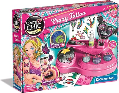 Clementoni Crazy Chic – Crazy Tattoo, Gioco Creativo per Bambini 6+ Anni, Kit Completo per Creare Tatuaggi Temporanei dall’Effetto Glow in The Dark, Set Regalo Divertente e Colorato, 18733