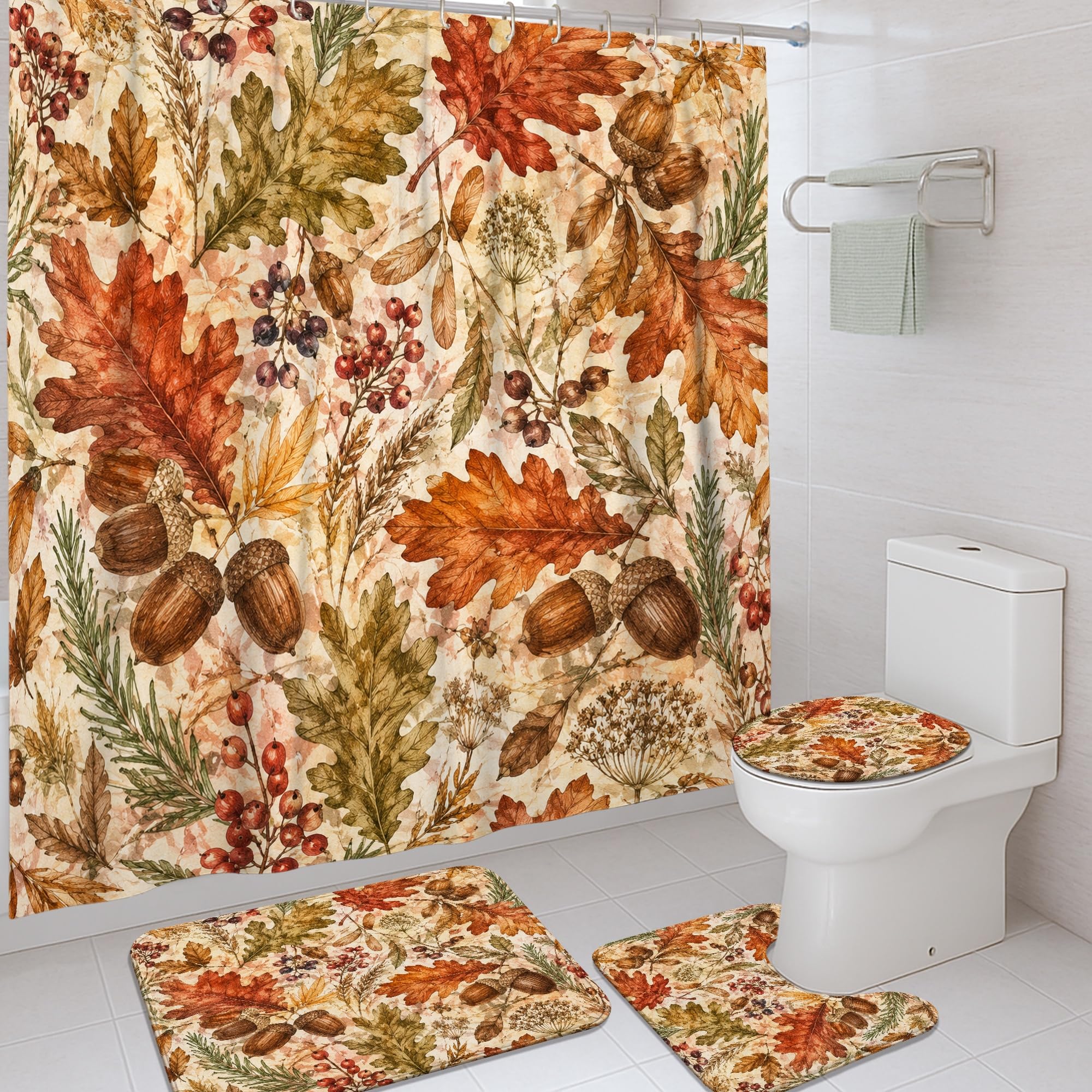 Rideaux de douche d'automne 183x183 cm orange avec feuilles, glands et crochets