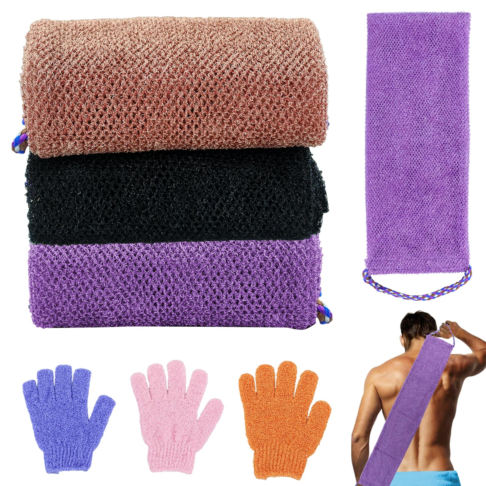 3 spugne a rete africane con 3 guanti da bagno, nylon africano, spugna esfoliante con corda a mano, per doccia, 29,5", riutilizzabili, per uomini e donne