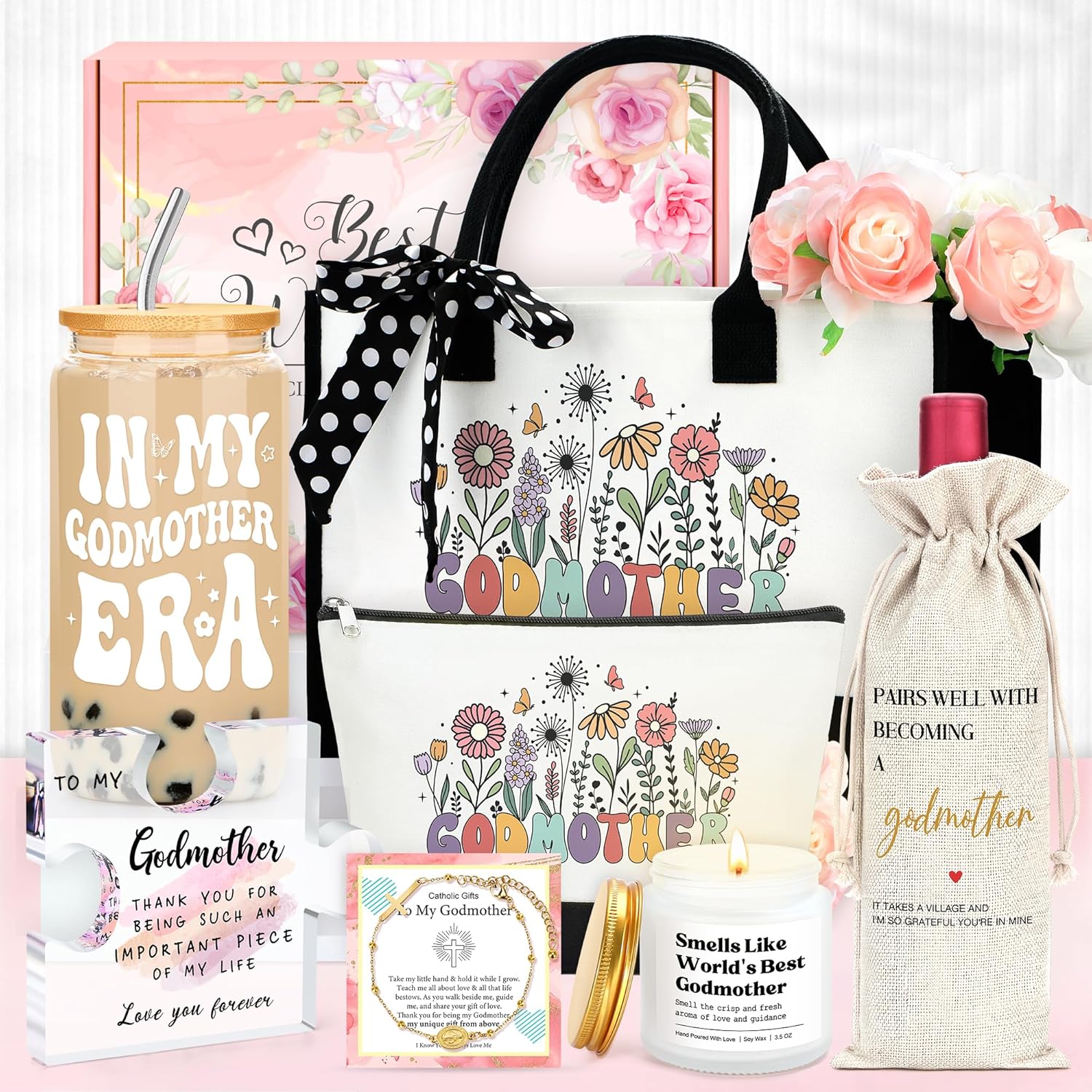 Godmother Proposal Gift Will You Be My Godmother Gift Ideas God Mother Gifts for Women Birthday God Mommy Proposal Gifts from Godchild Fairy Godmom Accessories Include Tote Bag, Glass Cup, Wine Bag