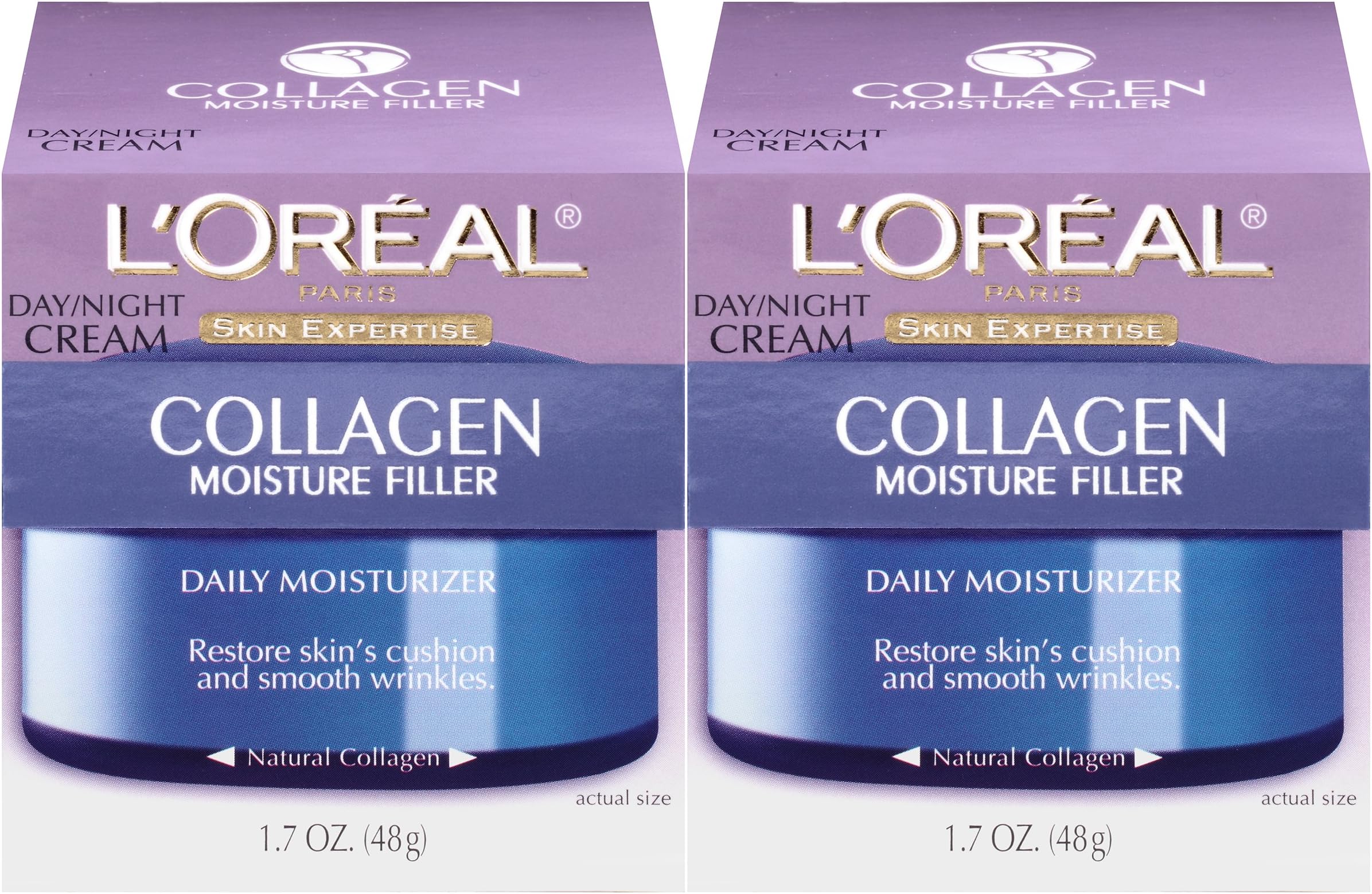 L'Oreal Paris Skincare Collagen Face Moisturizer, Day and Night Cream, Anti-Aging Face, Neck and Chest Cream to smooth skin and reduce wrinkles, 1.7 oz Pack of 2