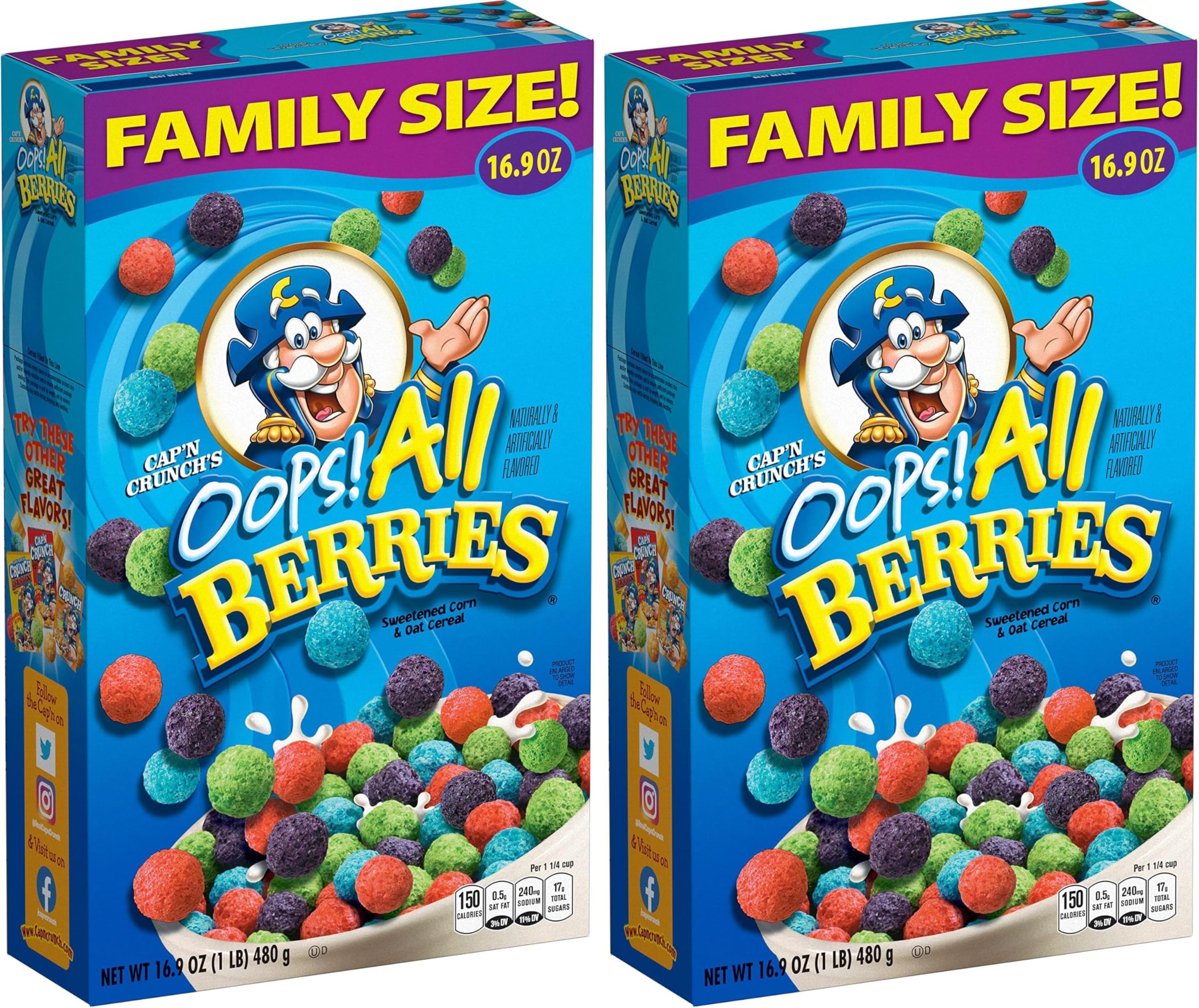 Cap'n Crunch Cereal, Oops All Berries, 16.9oz Box (Packaging May Vary) (Pack of 2)