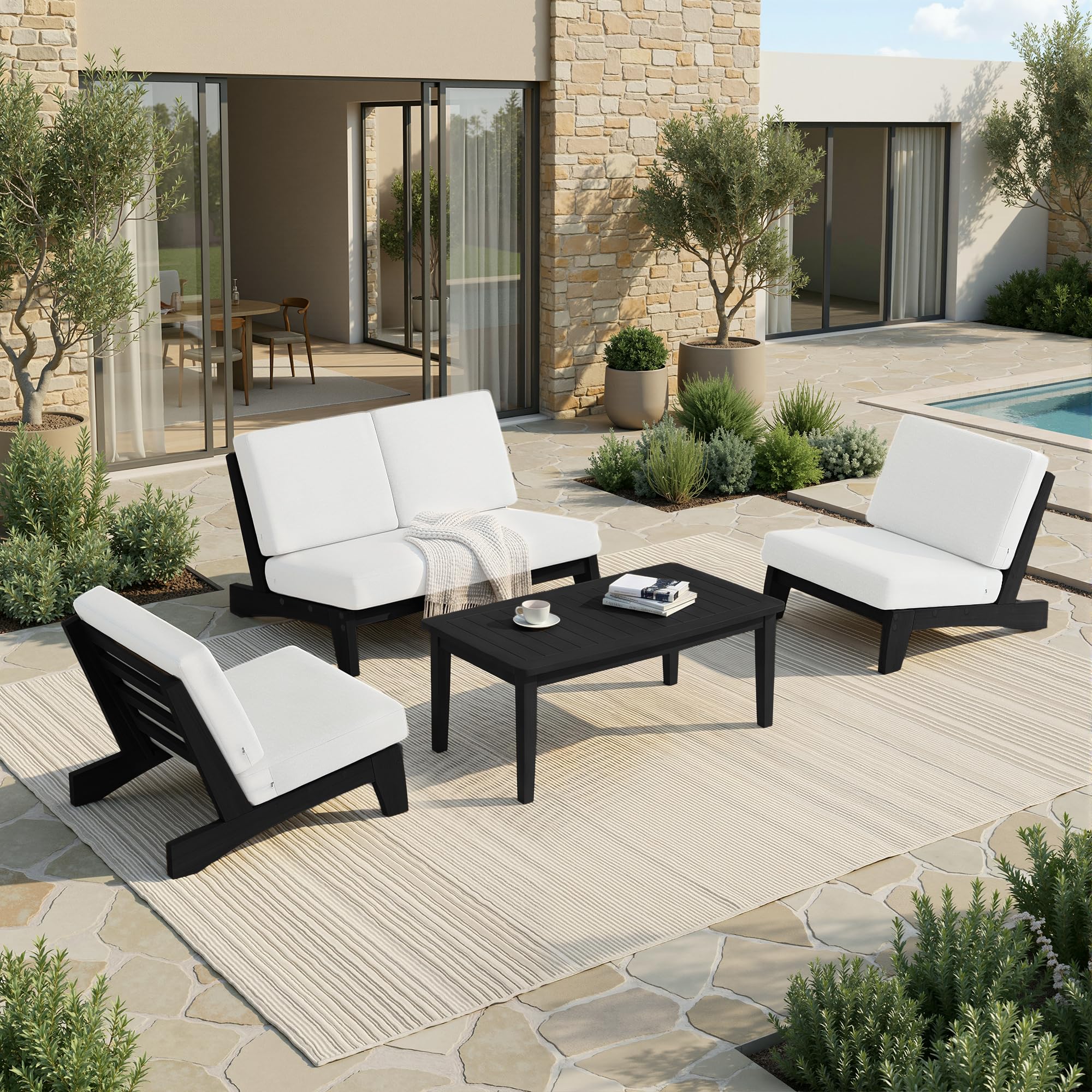 Pia Ricoo 4 Piece Patio Furniture Sets, Outdoor Loveseat Sofa Set with 2 Chairs &amp; Coffee Table, Patio Conversation Set for Backyard, Deck, Lawn, Beige, Dark Wood