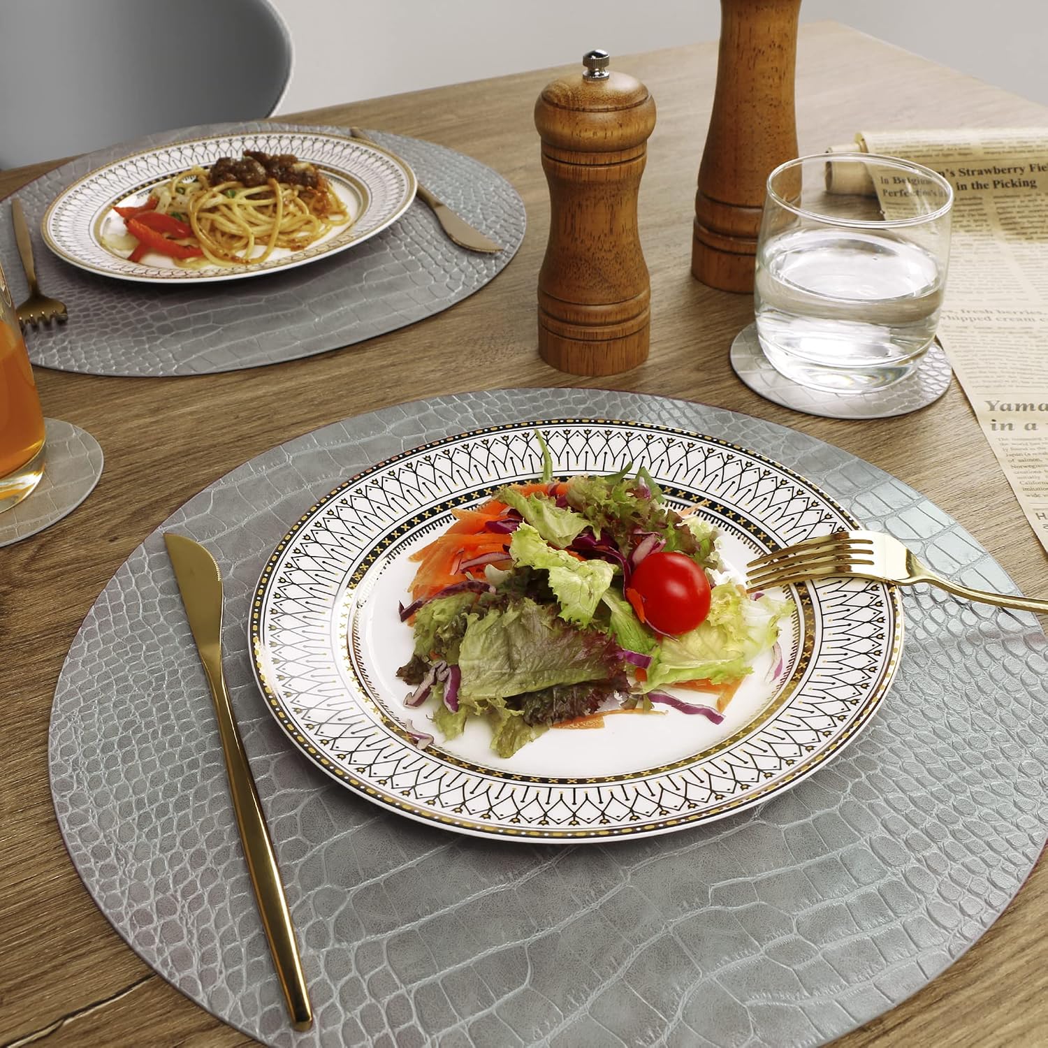 Round Leather Placemats for Round Tables Set of 8, Gray Table Place Mats and Coasters, Washable Easy to Care for Indoor Decor 13" Diameter image 2