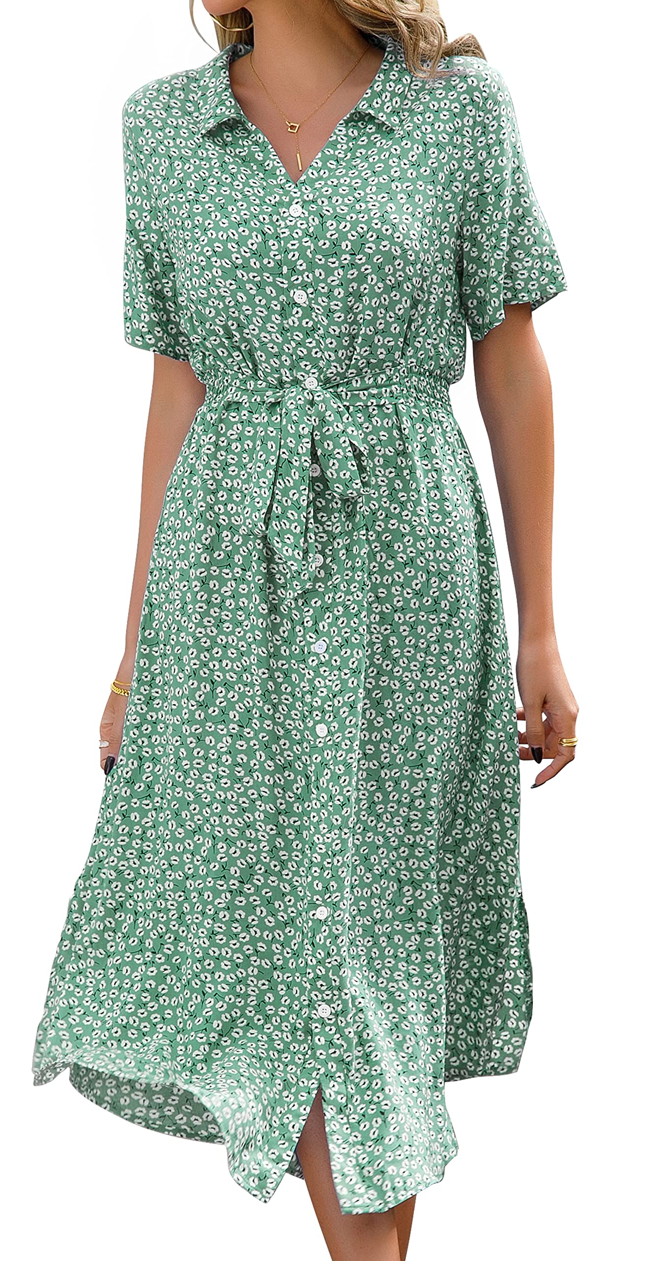 Livonmone Sommerkleid Damen Kurzarm Casual V-Ausschnitt Blumendruck Kleider Strandkleider Sexy Schlitz Midikleid Cocktailkleid Partykleid mit Gürtel