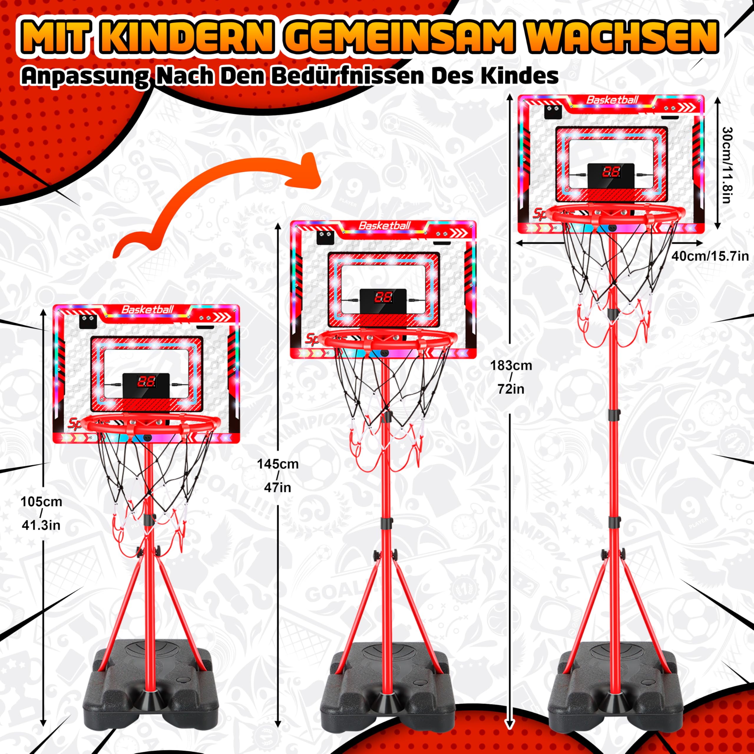 Charmofun Basketballkorb für Kinder, Höhenverstellbar 105-183cm, Kinderspielzeug Basketball Hoop mit 5 Ball, Basketball Korb mit Anzeigetafel, Lichter, Indoor Outdoor Spielzeug für Jungen Mädchen
