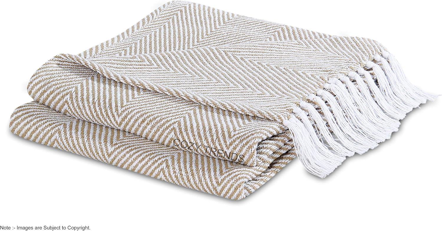 Luxurious Hand Woven Cozy Warm 100% Cotton All Season Light Weight Couch Chair Bed Decorative Throw Blankets Chevron 50x60 Inch Set of 2 (Beige)