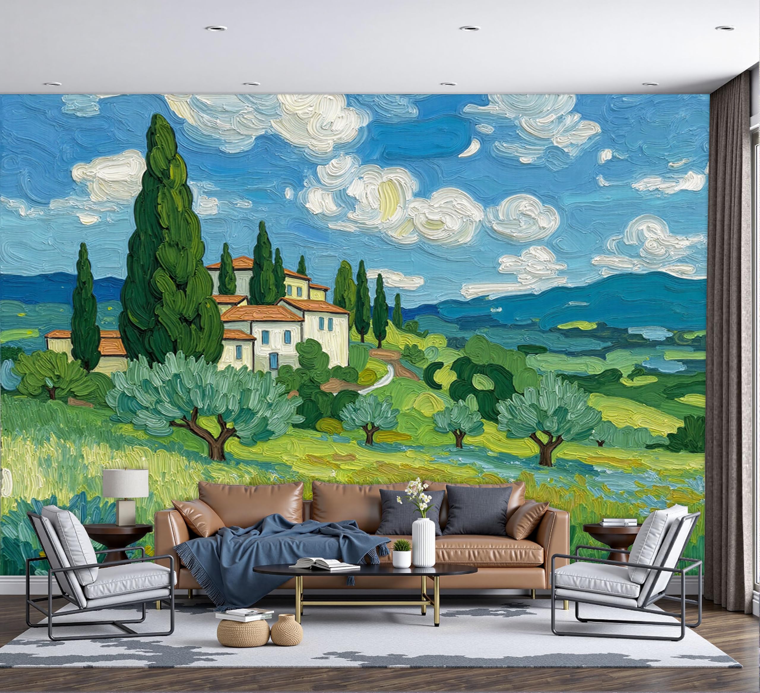 Papier peint panoramique champs de village pour agrandir une petite pièce