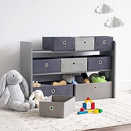 Humble Crew Toy Storage Organizer with 9 Removable Fabric Bins, Light Grey/Grey - Premium Playroom Toy Organizer for Toddlers Ideal for Kids\' Rooms, Playrooms, and Nurseries - Modern Toy Bins for Kids