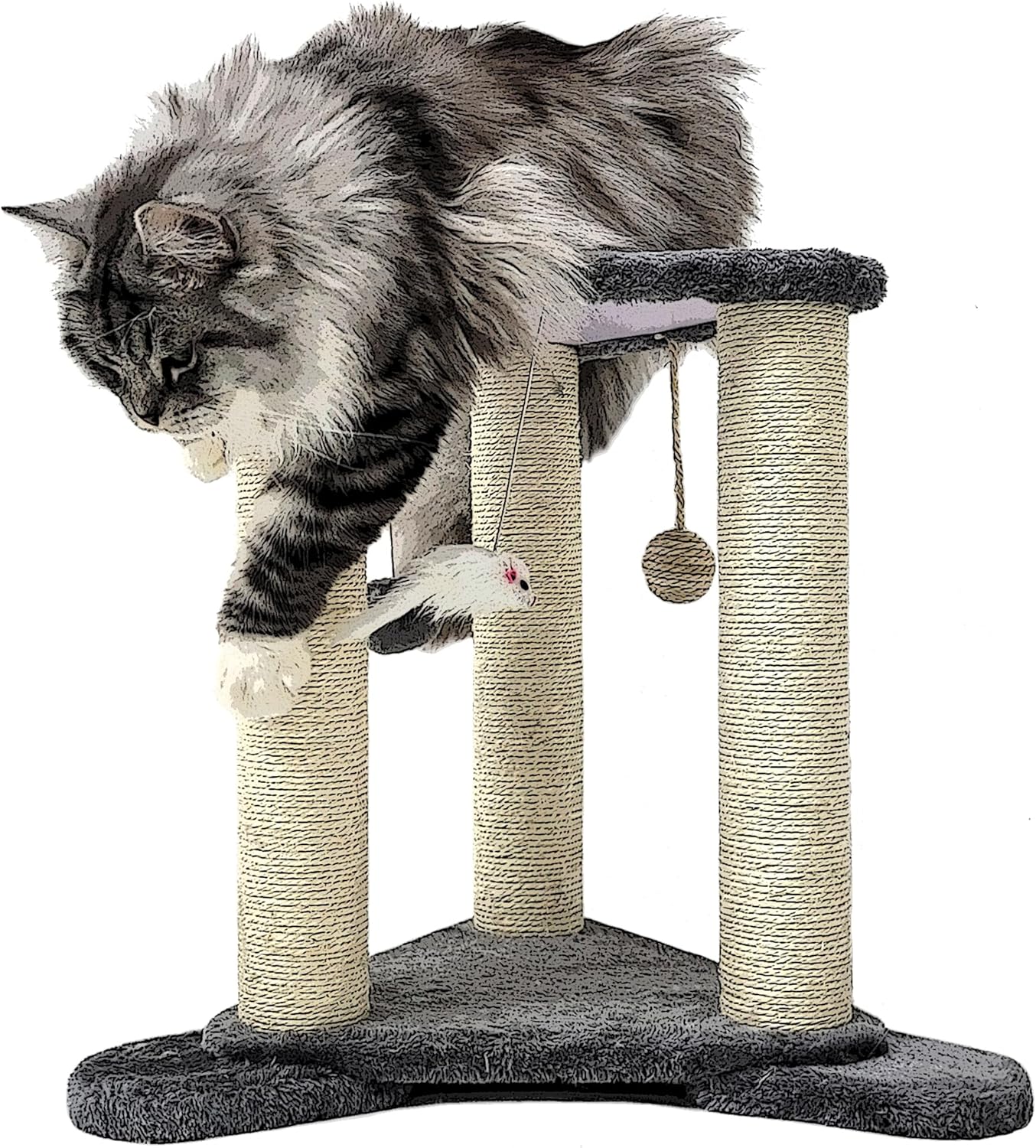 review Cat Scratching Posts with Perch, 3 Sisal Rope Poles, Dangling Balls and Toy Mouse, Gray