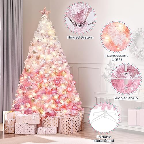 Vista 145 de Yaheetech - Árbol artificial de Navidad con luces incandescentes de color blanco cálido, con flecos nevados, 2084 ramas, 900 luces y soporte Verde