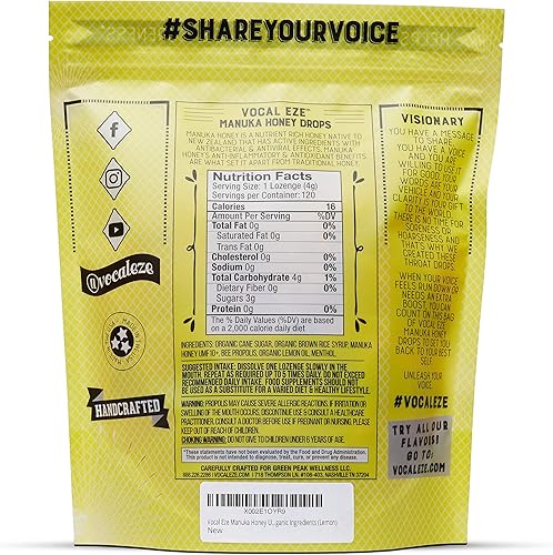 Miniatura 2 de Vocal Eze Manuka Honey Lemon UMF 10+ (MGO 265+) Gotas para la tos de mentol (120)  Pastillas para aliviar el dolor, ronco, fatiga, sequedad de la